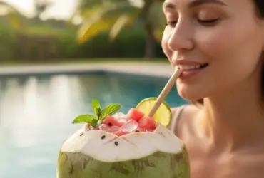 Mulher tomando suco de melancia com água de coco