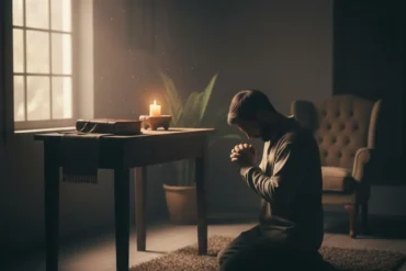 Ambiente silencioso de oração noturna com luz suave e clima de paz