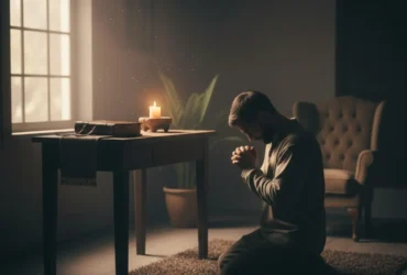 Ambiente silencioso de oração noturna com luz suave e clima de paz