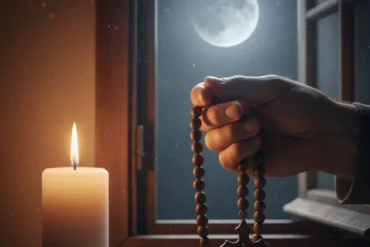 Mão segurando terço católico em ambiente de oração noturna à luz de vela para oração da noite.