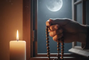 Mão segurando terço católico em ambiente de oração noturna à luz de vela para oração da noite.