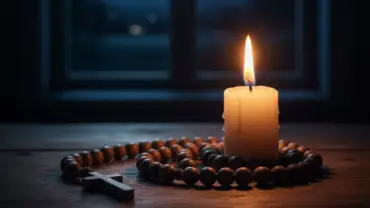 Imagem de oração da noite católica com vela e terço sobre a mesa sob a luz da lua.