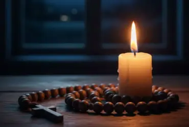 Imagem de oração da noite católica com vela e terço sobre a mesa sob a luz da lua.