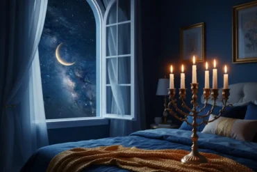 oracao-da-noite-catolica-paz-sono Quarto silencioso à noite com luz suave sugerindo paz para oração da noite católica.