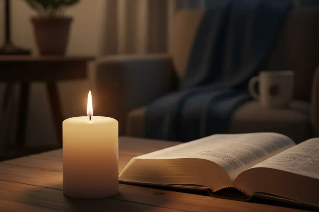 oração noturna com vela acesa e Bíblia em ambiente de paz