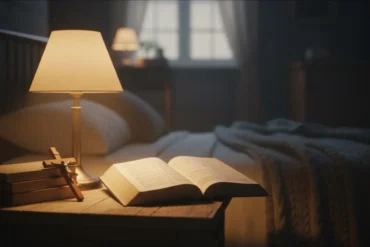 Bíblia aberta e crucifixo sob luz suave de abajur para oração da noite de domingo.