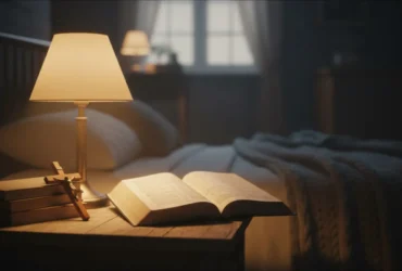 Bíblia aberta e crucifixo sob luz suave de abajur para oração da noite de domingo.
