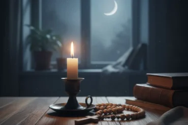 Terço de madeira e vela acesa em ambiente tranquilo para oração da noite católica.