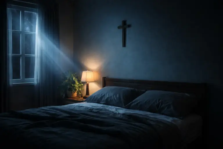 Crucifixo e luz da lua simbolizando a entrega e proteção de uma noite de segunda-feira católica.