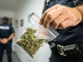 Policial segurando pacote com drogas