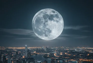 Lua em fase de transição gibosa minguante contra o céu noturno escuro.