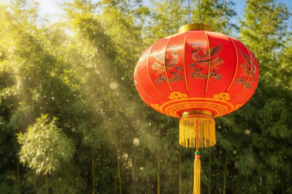 Lanterna chinesa vermelha e bambus sob luz solar, representando a renovação e o equilíbrio no Horóscopo Chinês.
