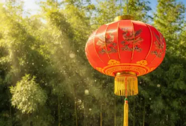 Lanterna chinesa vermelha e bambus sob luz solar, representando a renovação e o equilíbrio no Horóscopo Chinês.
