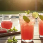 Copos de suco de melancia sobre a mesa em uma tarde ensolarada.