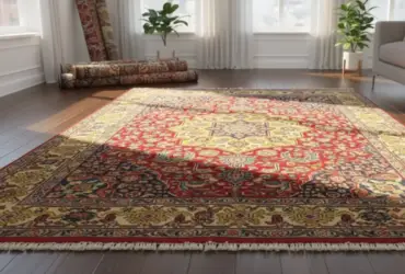 Sala de estar decorada com tapete grande em tons neutros, demonstrando proporção correta na decoração.