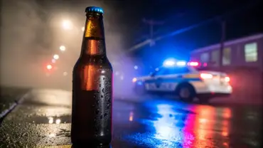 Garrafa de cerveja em foco com viatura da polícia militar ao fundo, simbolizando a operação Lei Seca