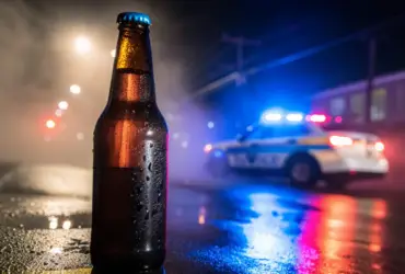 Garrafa de cerveja em foco com viatura da polícia militar ao fundo, simbolizando a operação Lei Seca