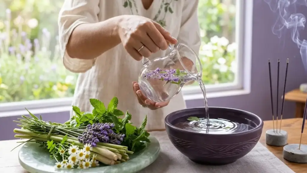 ervas frescas, incensos acesos e uma mulher despejando água nas pétalas que está em uma bacia