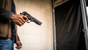 Imagem ilustrativa de homem segurando arma de fogo dentro de residência