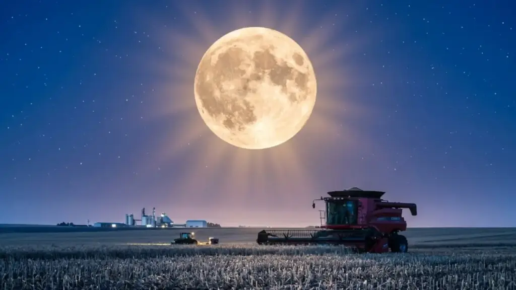 A lua cheia em uma noite de trabalho na fazenda, colheitadeira colhendo soja em Mato Grosso.