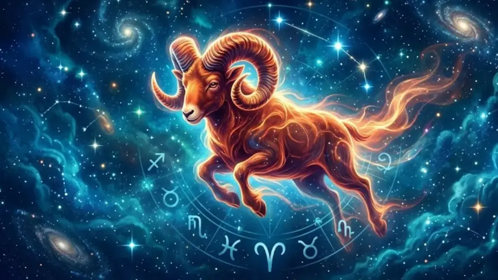 Logótipo dourado do signo de Carneiro (Áries) em movimento sobre fundo azul, ilustrando a previsão astrológica de hoje.