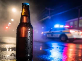 Foto de garrafa de bebida alcoólica com viatura ao fundo