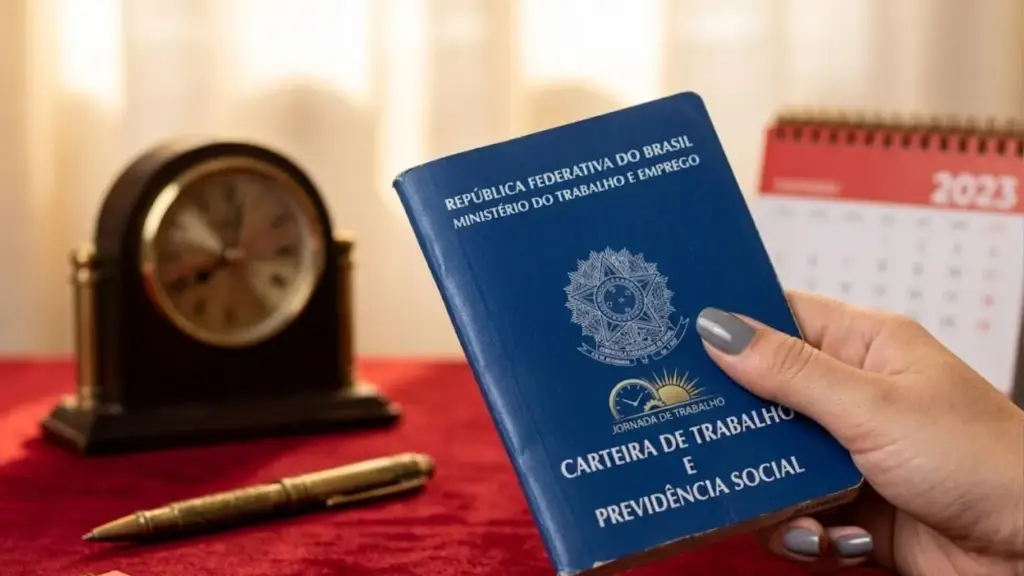 Carteira de trabalho sendo segurada pela mão de uma mulher