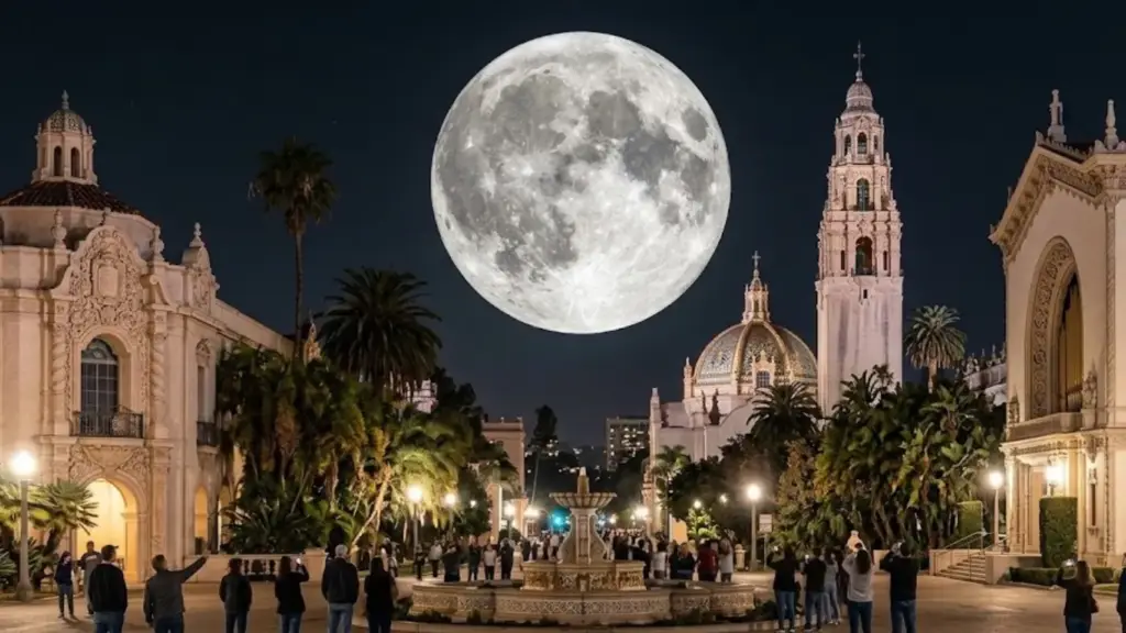 Fotografia da Lua Cheia totalmente iluminada vista do Balboa Park, em San Diego, contra um céu noturno escuro.