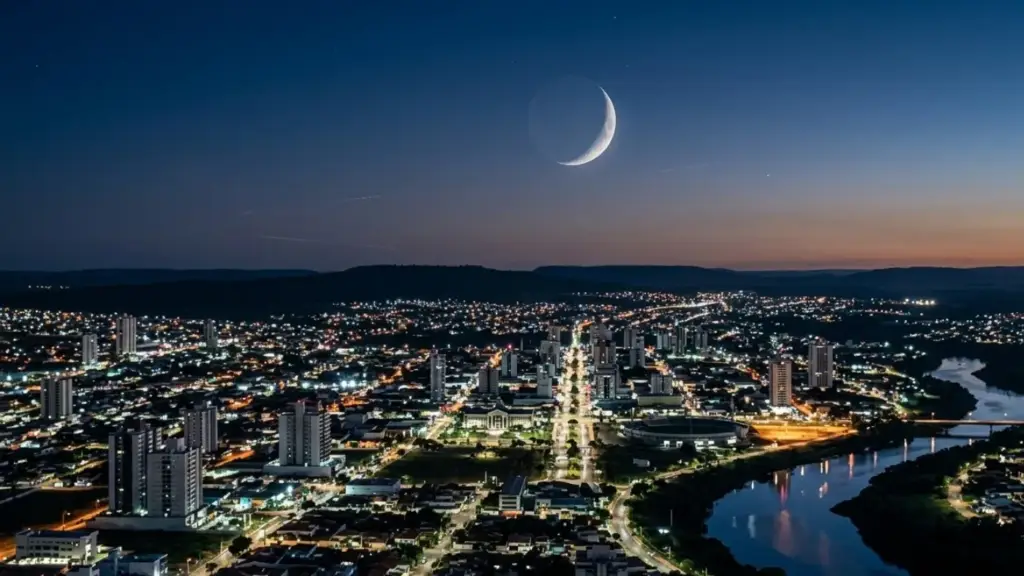 Cidade iluminada pela lua minguante