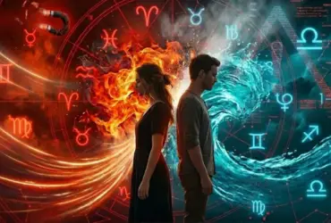 Uma imagem de um casal de costas um para o outro com símbolos dos signos ao fundo, ou uma imagem de fogo e água se encontrando. O contraste visual atrai muito o clique no Discover