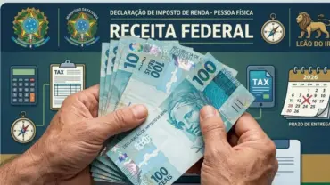 Arte que ilustra o imposto de renda, um homem segurando notas de 100 reais na mão