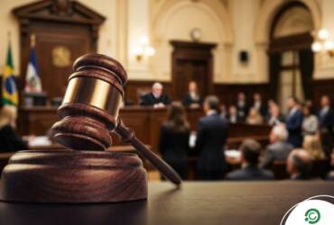 Martelo de madeira da justiça (gavel) em primeiro plano com foco nítido, em um tribunal de júri desfocado ao fundo, representando o julgamento de crimes em Sorriso, Mato Grosso.