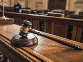 Martelo de juiz em mesa de tribunal