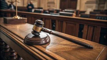 Martelo de juiz em mesa de tribunal
