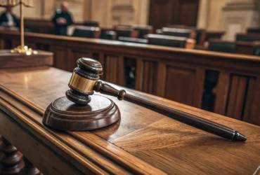 Martelo de juiz em mesa de tribunal