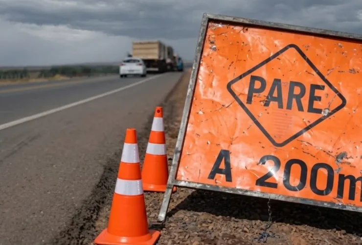 Obras da Rota do oeste, placa ao lado da rodovia indicando para o motorista parar a frente