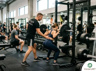Foto de personal trainer ajudando mulher a treinar