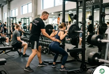 Foto de personal trainer ajudando mulher a treinar