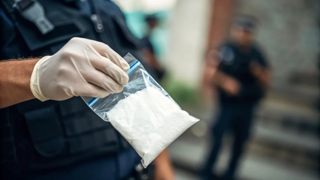 Foto ilustrativa de policial segurando pacote de cocaína