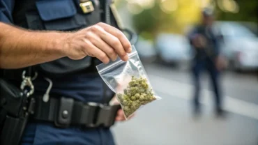 Policial segurando embalagem zip lock com maconha dentro