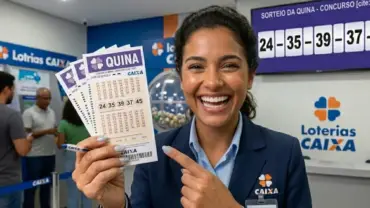 Mulher segurando volante da quina 6969 na mão, feliz comemorando o prêmio.