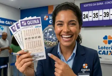 Mulher segurando volante da quina 6969 na mão, feliz comemorando o prêmio.