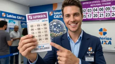 Homem com uniforme da Caixa econômica segurando volante premiado com os números sorteados na mão