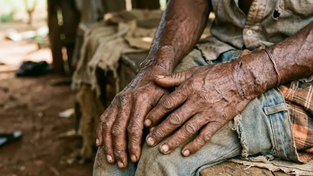 Idoso com as mãos machucadas do trabalho escravo
