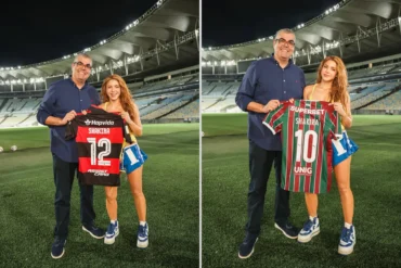 Shakira visita o Maracanã e recebe camisas de clubes cariocas