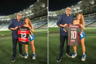 Shakira visita o Maracanã e recebe camisas de clubes cariocas