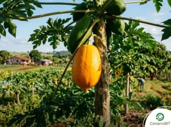 Foto tirada pela equipe do CenárioMT em fazenda de Mato Grosso com foco em mamão