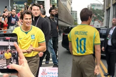 Nicolas Galitzine veste camisa do Brasil em evento de He-Man em São Paulo