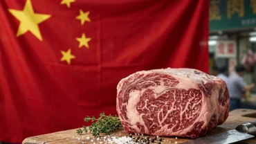Cortes de carne bovina em exposição e embarque de exportação