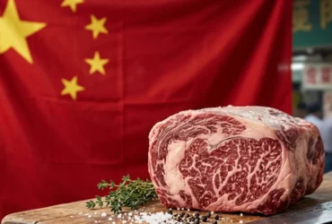 Cortes de carne bovina em exposição e embarque de exportação
